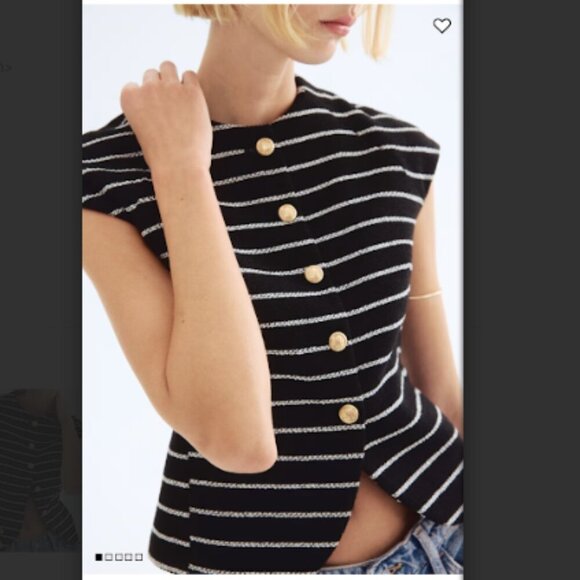 NWT H&M Black & White Striped Tweed Short Sleeve Button Front Top Blazer Size XL - Picture 2 of 15